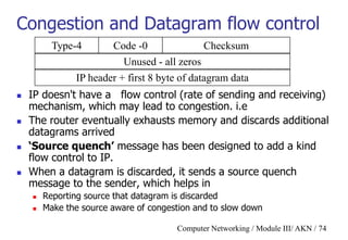 Computer Networking / Module III/ AKN / 74
Congestion and Datagram flow control
 IP doesn't have a flow control (rate of sending and receiving)
mechanism, which may lead to congestion. i.e
 The router eventually exhausts memory and discards additional
datagrams arrived
 ‘Source quench’ message has been designed to add a kind
flow control to IP.
 When a datagram is discarded, it sends a source quench
message to the sender, which helps in
 Reporting source that datagram is discarded
 Make the source aware of congestion and to slow down
Type-4 Code -0 Checksum
IP header + first 8 byte of datagram data
Unused - all zeros
 