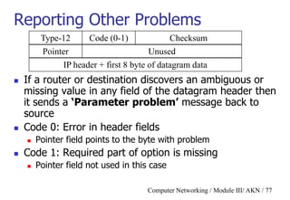 Computer Networking / Module III/ AKN / 77
Reporting Other Problems
 If a router or destination discovers an ambiguous or
missing value in any field of the datagram header then
it sends a ‘Parameter problem’ message back to
source
 Code 0: Error in header fields
 Pointer field points to the byte with problem
 Code 1: Required part of option is missing
 Pointer field not used in this case
Type-12 Code (0-1) Checksum
IP header + first 8 byte of datagram data
Pointer Unused
 