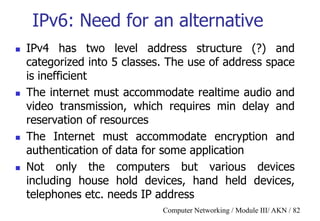 Computer Networking / Module III/ AKN / 82
IPv6: Need for an alternative
 IPv4 has two level address structure (?) and
categorized into 5 classes. The use of address space
is inefficient
 The internet must accommodate realtime audio and
video transmission, which requires min delay and
reservation of resources
 The Internet must accommodate encryption and
authentication of data for some application
 Not only the computers but various devices
including house hold devices, hand held devices,
telephones etc. needs IP address
 