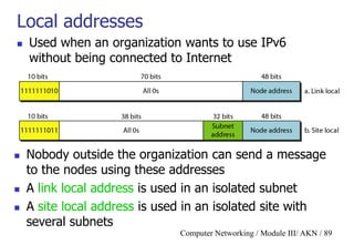 Computer Networking / Module III/ AKN / 89
Local addresses
 Used when an organization wants to use IPv6
without being connected to Internet
 Nobody outside the organization can send a message
to the nodes using these addresses
 A link local address is used in an isolated subnet
 A site local address is used in an isolated site with
several subnets
 