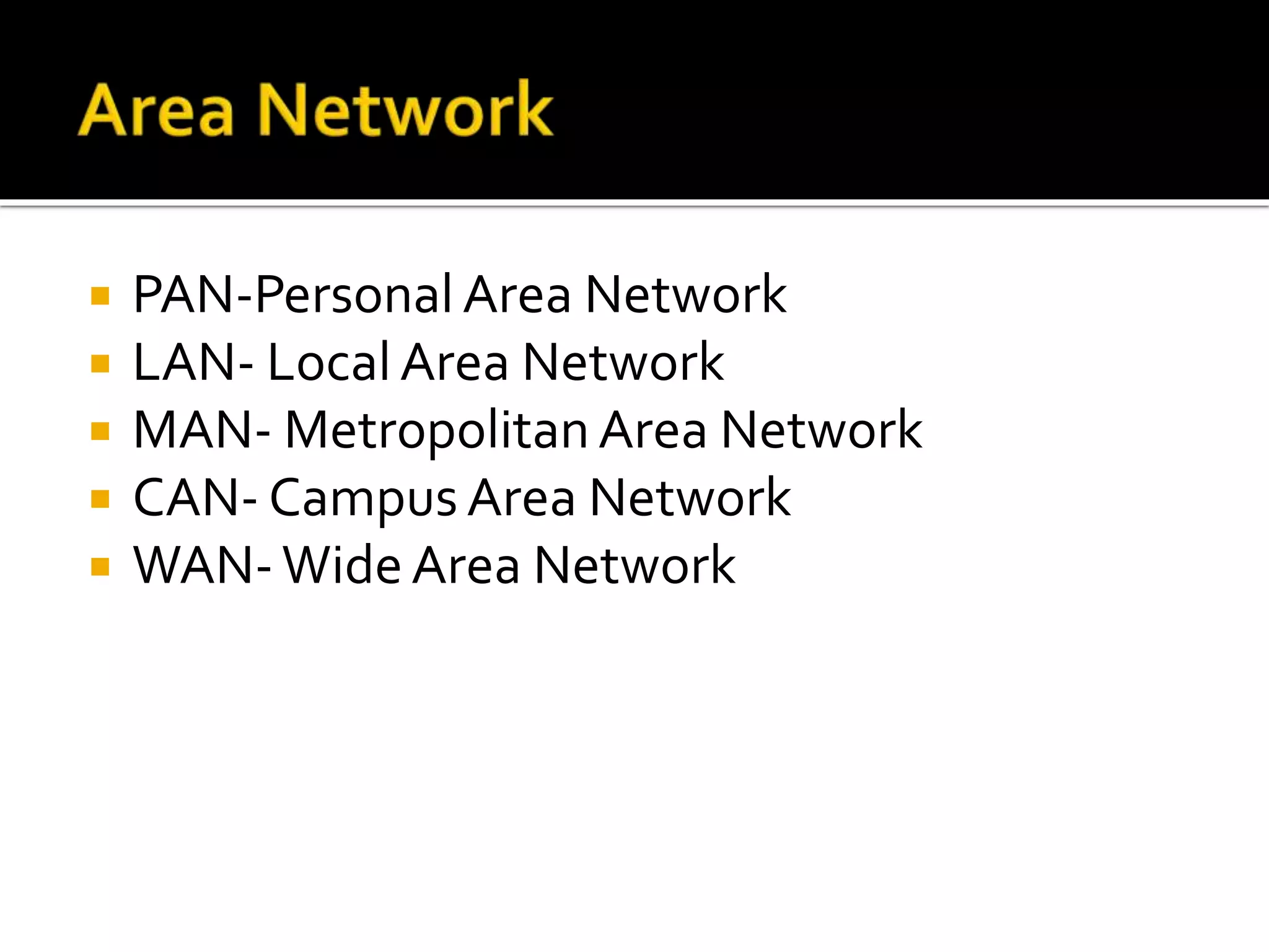 PAN-Personal Area Network
 LAN- LocalArea Network
 MAN- MetropolitanArea Network
 CAN- Campus Area Network
 WAN-WideArea Network
 