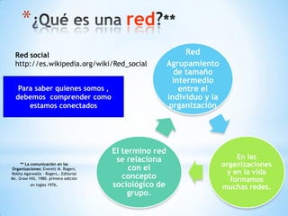 ¿Qué es unared?**Red socialhttp://es.wikipedia.org/wiki/Red_socialPara saber quienes somos , debemos  comprender como  estamos conectados** La comunicación en las Organizaciones: Everett M. Rogers. Rekha Agarwalla – Rogers., Editorial Mc. Graw Hill, 1980. primera edición en ingles 1976.