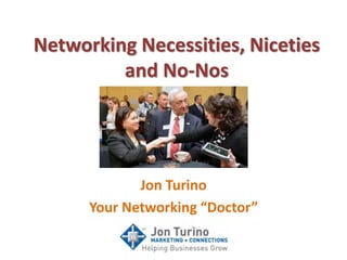 Networking Necessities, Niceties
and No-Nos
Jon Turino
Your Networking “Doctor”
 