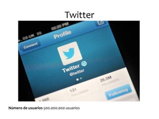 Twitter 
Número de usuarios 500.000.000 usuarios  