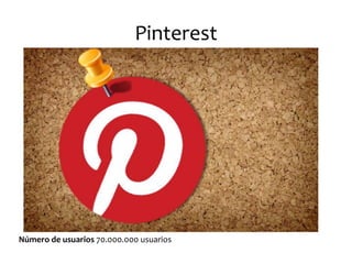 Pinterest 
Número de usuarios 70.000.000 usuarios  
