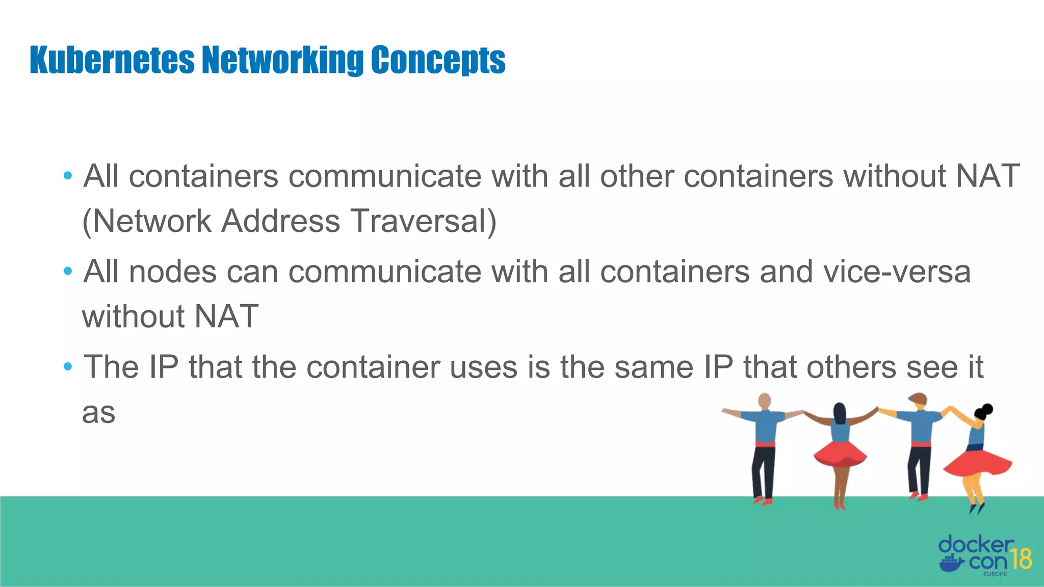 Kubernetes Networking Concepts • All containers communicate with all other containers without NAT (Network Address Traversal) • All nodes can communicate with all containers and vice-versa without NAT • The IP that the container uses is the same IP that others see it as 