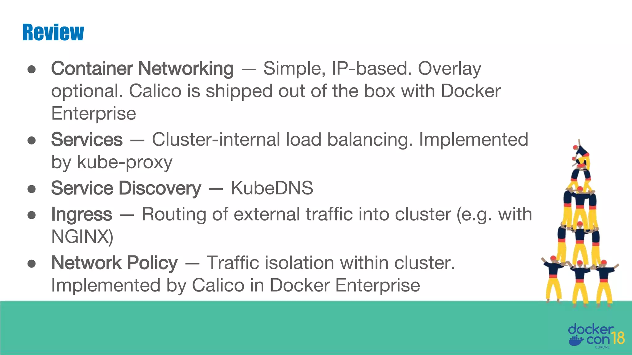 Review ● Container Networking — Simple, IP-based. Overlay optional. Calico is shipped out of the box with Docker Enterprise ● Services — Cluster-internal load balancing. Implemented by kube-proxy ● Service Discovery — KubeDNS ● Ingress — Routing of external traffic into cluster (e.g. with NGINX) ● Network Policy — Traffic isolation within cluster. Implemented by Calico in Docker Enterprise 