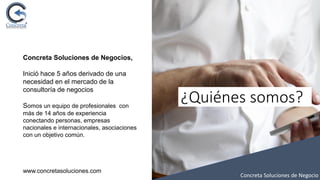 Concreta Soluciones de Negocio
Concreta Soluciones de Negocios,
Inició hace 5 años derivado de una
necesidad en el mercado de la
consultoría de negocios
Somos un equipo de profesionales con
más de 14 años de experiencia
conectando personas, empresas
nacionales e internacionales, asociaciones
con un objetivo común.
www.concretasoluciones.com
¿Quiénes somos?
 