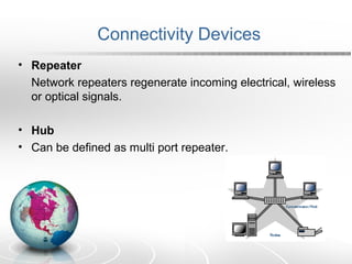 Connectivity Devices 
• Repeater 
Network repeaters regenerate incoming electrical, wireless 
or optical signals. 
• Hub 
• Can be defined as multi port repeater. 
 