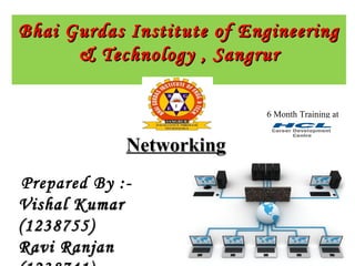 Bhai Gurdas Institute of EngineeringBhai Gurdas Institute of Engineering
& Technology , Sangrur& Technology , Sangrur
Prepared By :-
Vishal KumarVishal Kumar
(1238755)(1238755)
Ravi RanjanRavi Ranjan
NetworkingNetworking
6 Month Training at
 