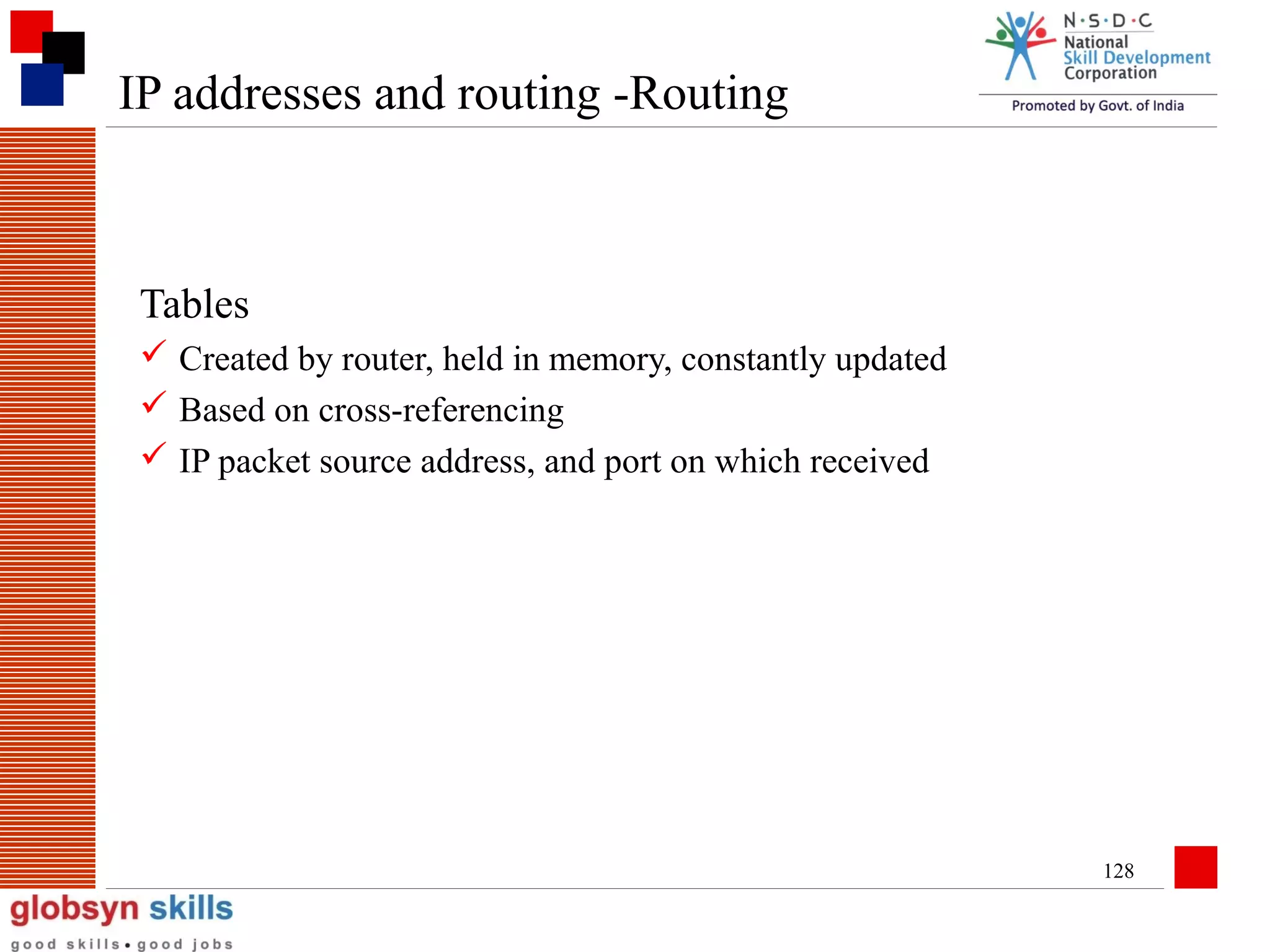 IP addresses and routing -Routing

Tables
 Created by router, held in memory, constantly updated
 Based on cross-referencing
 IP packet source address, and port on which received

128

 