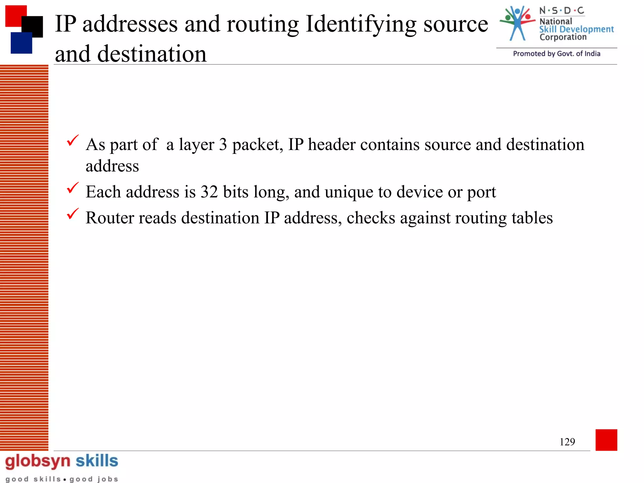 IP addresses and routing Identifying source
and destination

 As part of a layer 3 packet, IP header contains source and destination
address
 Each address is 32 bits long, and unique to device or port
 Router reads destination IP address, checks against routing tables

129

 