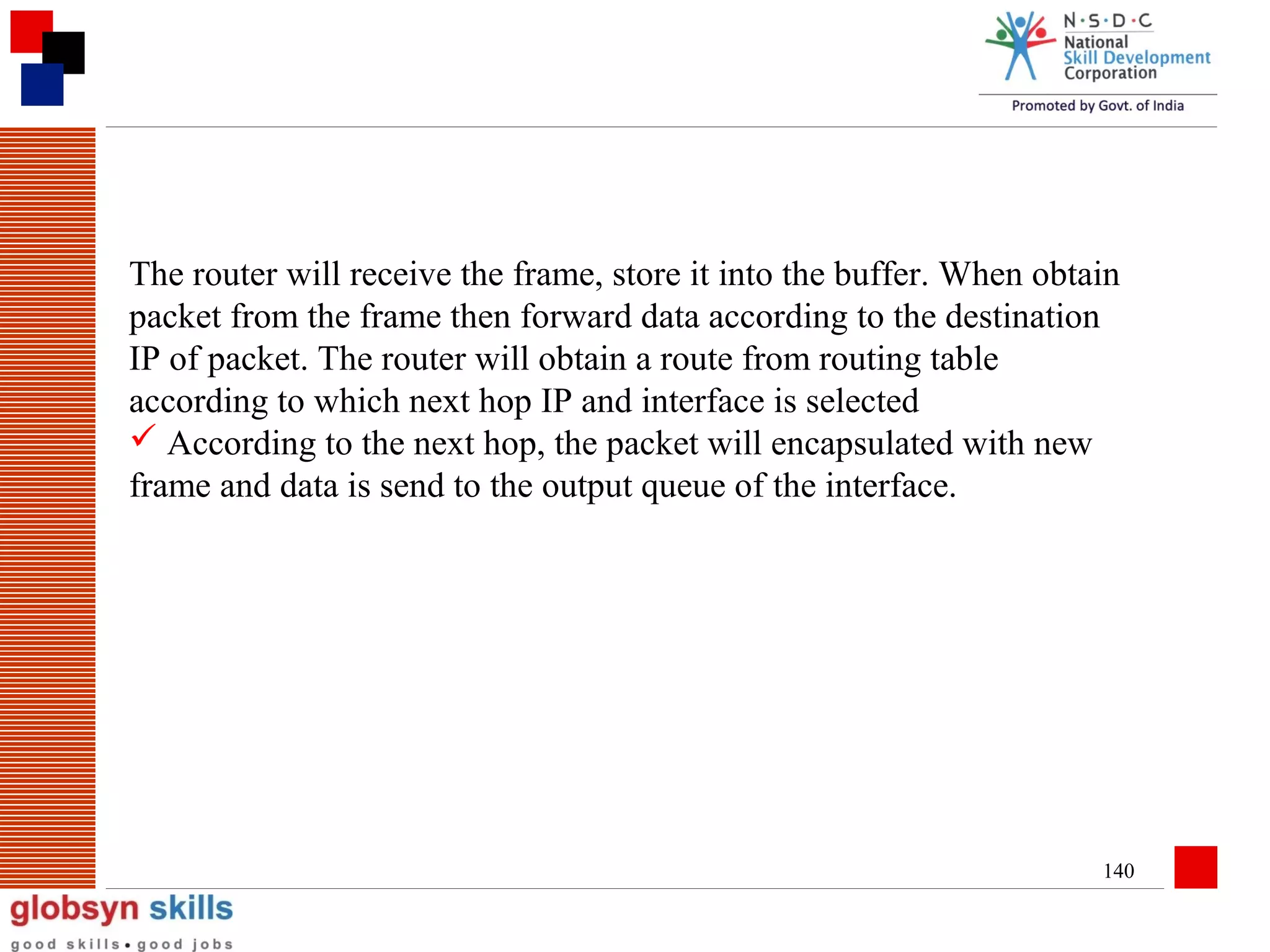 The router will receive the frame, store it into the buffer. When obtain
packet from the frame then forward data according to the destination
IP of packet. The router will obtain a route from routing table
according to which next hop IP and interface is selected
 According to the next hop, the packet will encapsulated with new
frame and data is send to the output queue of the interface.

140

 