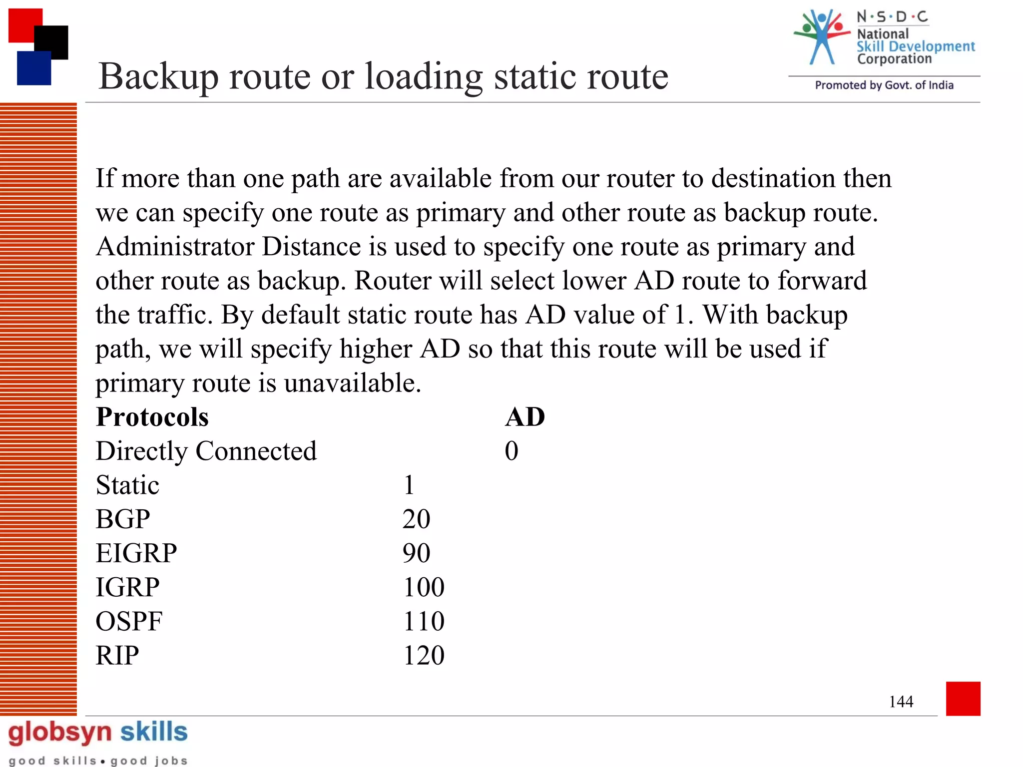 Backup route or loading static route
If more than one path are available from our router to destination then
we can specify one route as primary and other route as backup route.
Administrator Distance is used to specify one route as primary and
other route as backup. Router will select lower AD route to forward
the traffic. By default static route has AD value of 1. With backup
path, we will specify higher AD so that this route will be used if
primary route is unavailable.
Protocols
AD
Directly Connected
0
Static
1
BGP
20
EIGRP
90
IGRP
100
OSPF
110
RIP
120
144

 