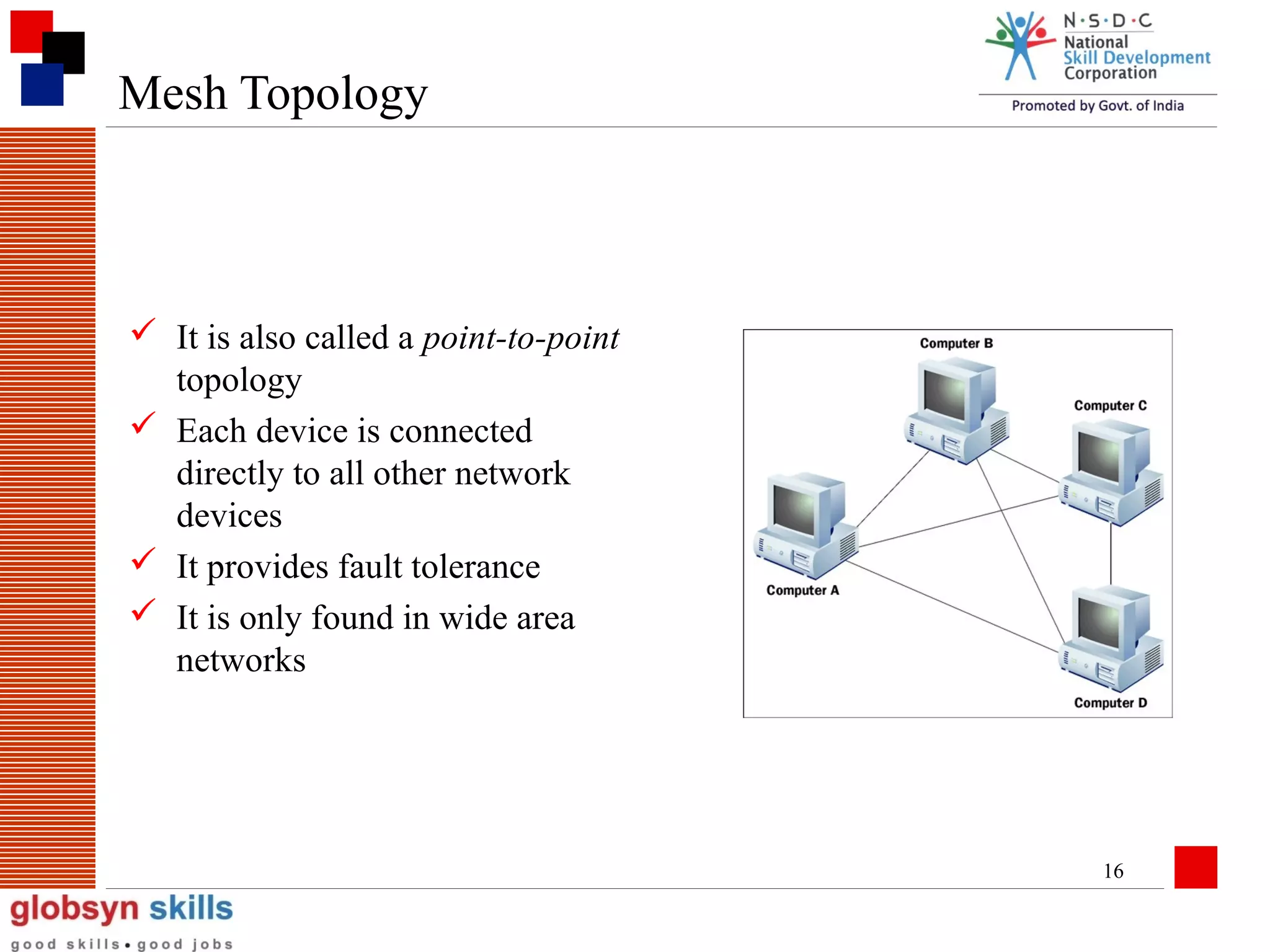 Mesh Topology

 It is also called a point-to-point
topology
 Each device is connected
directly to all other network
devices
 It provides fault tolerance
 It is only found in wide area
networks

16

 