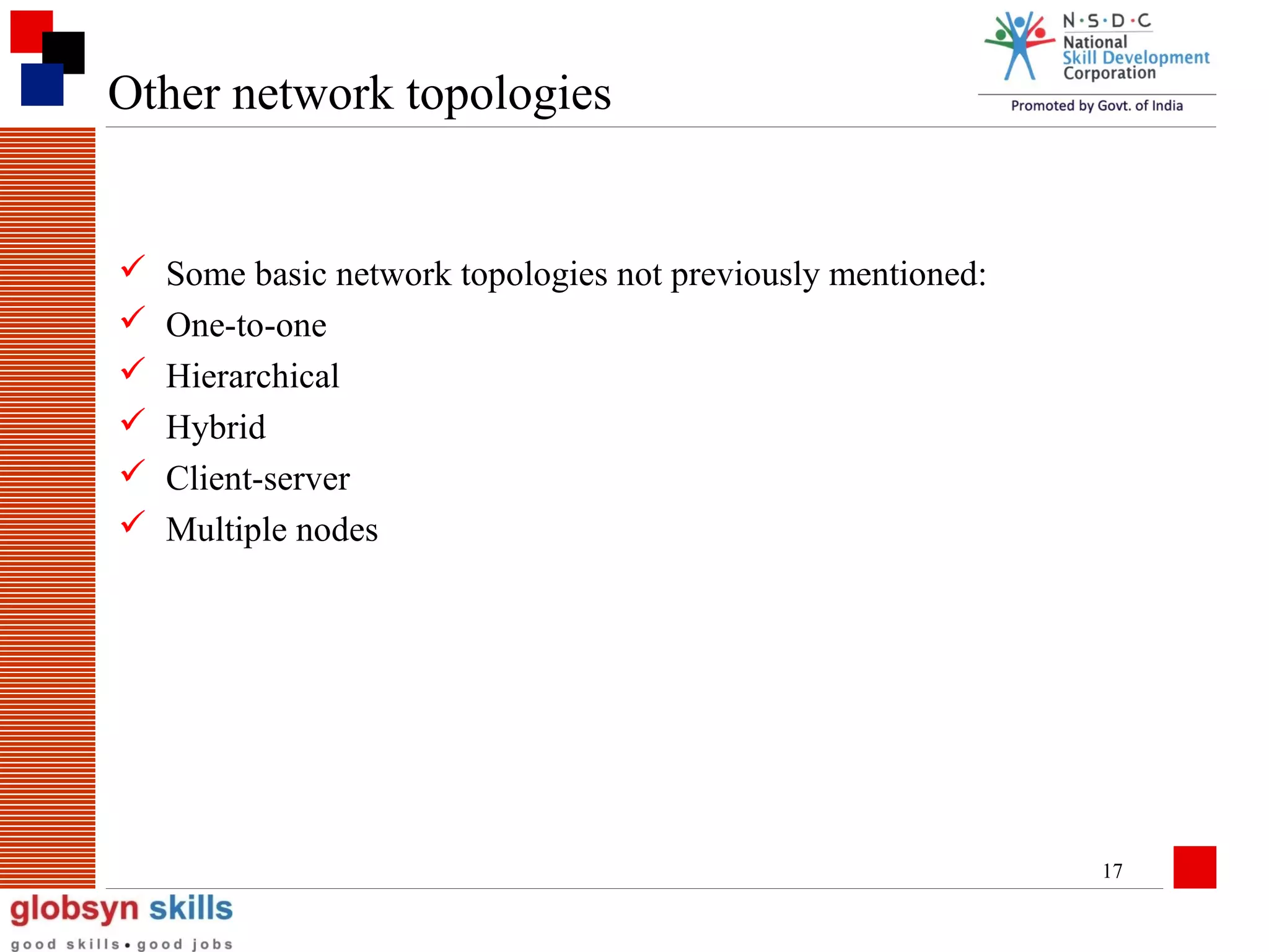 Other network topologies








Some basic network topologies not previously mentioned:
One-to-one
Hierarchical
Hybrid
Client-server
Multiple nodes

17

 