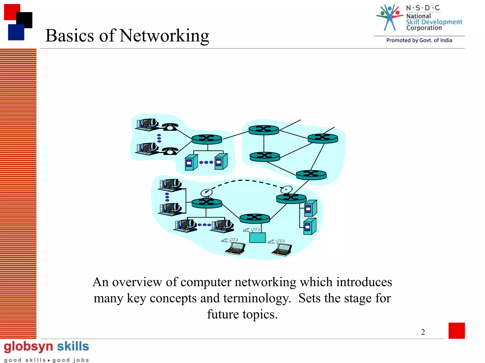 Basics of Networking

An overview of computer networking which introduces
many key concepts and terminology. Sets the stage for
future topics.
2

 