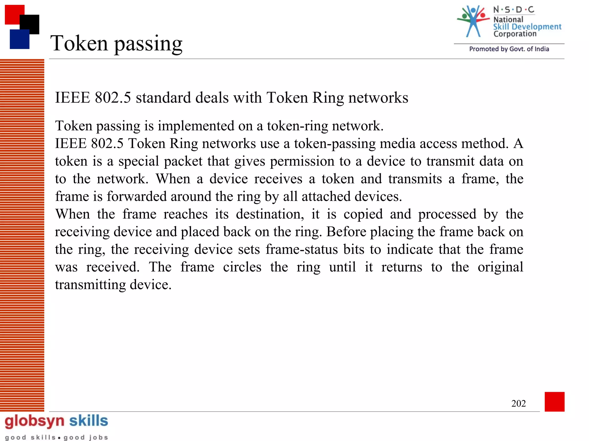 Token passing
IEEE 802.5 standard deals with Token Ring networks
Token passing is implemented on a token-ring network.
IEEE 802.5 Token Ring networks use a token-passing media access method. A
token is a special packet that gives permission to a device to transmit data on
to the network. When a device receives a token and transmits a frame, the
frame is forwarded around the ring by all attached devices.
When the frame reaches its destination, it is copied and processed by the
receiving device and placed back on the ring. Before placing the frame back on
the ring, the receiving device sets frame-status bits to indicate that the frame
was received. The frame circles the ring until it returns to the original
transmitting device.

202

 
