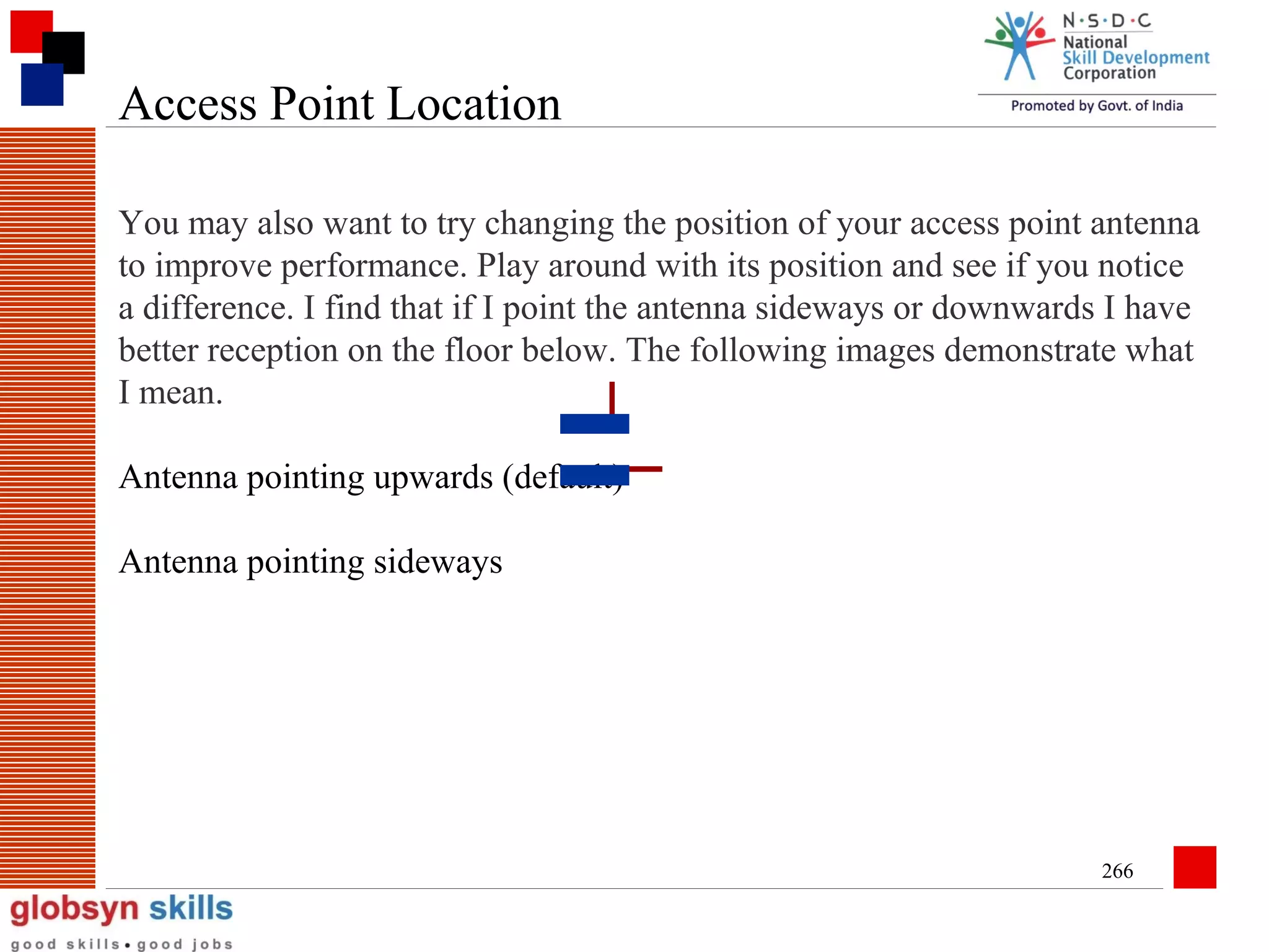 Access Point Location
You may also want to try changing the position of your access point antenna
to improve performance. Play around with its position and see if you notice
a difference. I find that if I point the antenna sideways or downwards I have
better reception on the floor below. The following images demonstrate what
I mean.
Antenna pointing upwards (default)
Antenna pointing sideways

266

 