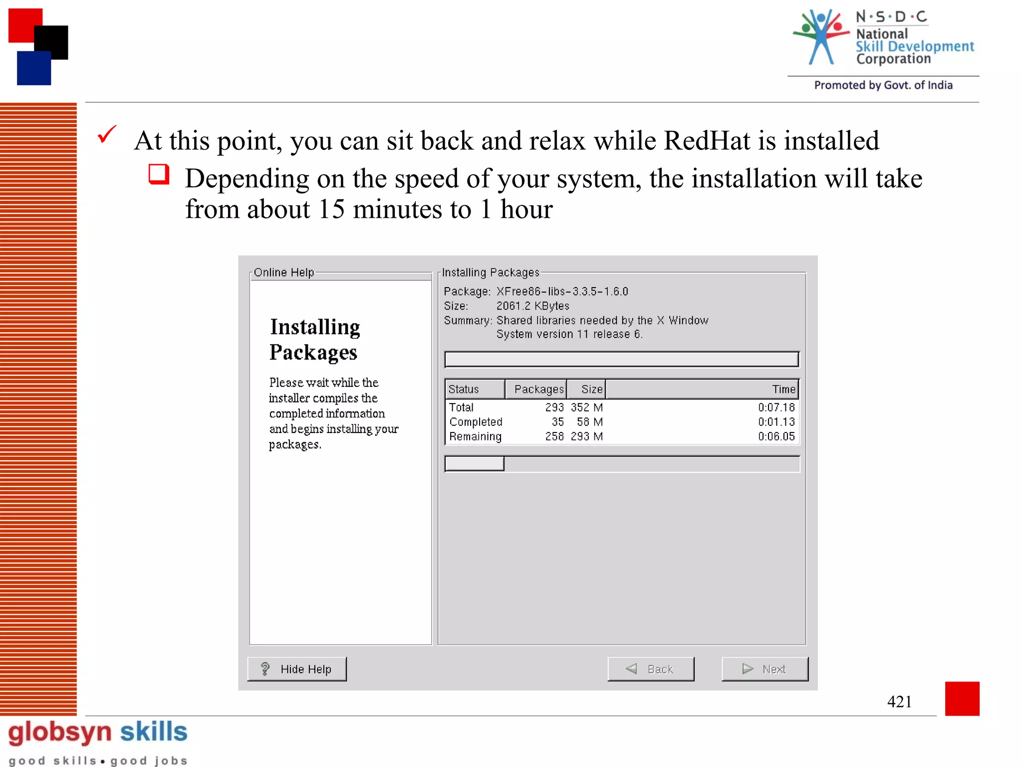  At this point, you can sit back and relax while RedHat is installed
 Depending on the speed of your system, the installation will take
from about 15 minutes to 1 hour

421

 