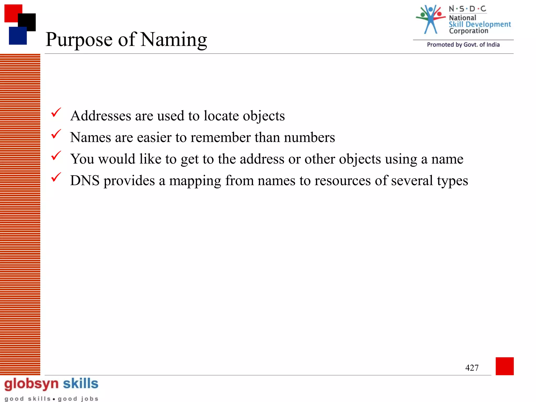 Purpose of Naming






Addresses are used to locate objects
Names are easier to remember than numbers
You would like to get to the address or other objects using a name
DNS provides a mapping from names to resources of several types

427

 