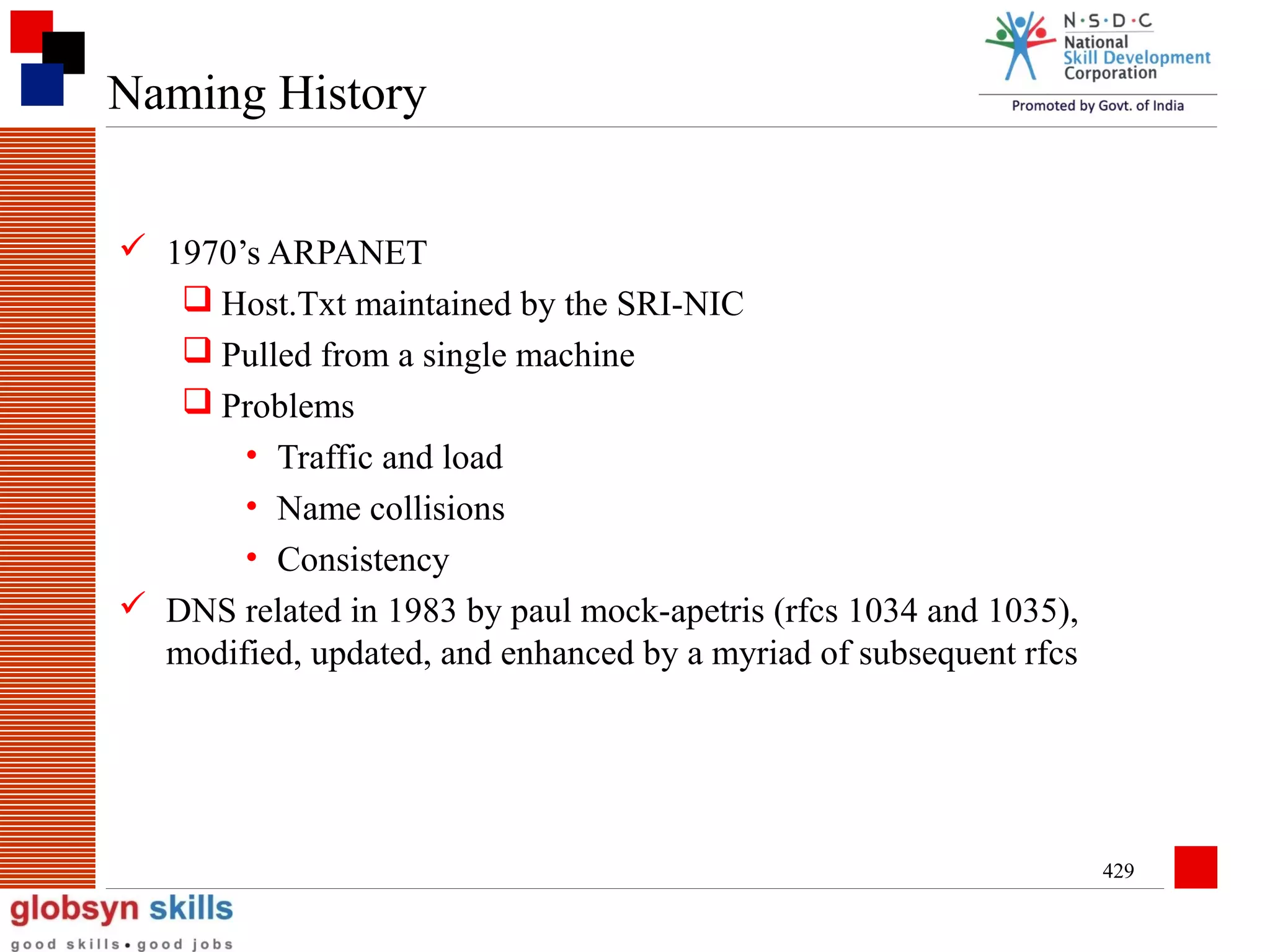 Naming History
 1970’s ARPANET
 Host.Txt maintained by the SRI-NIC
 Pulled from a single machine
 Problems
• Traffic and load
• Name collisions
• Consistency
 DNS related in 1983 by paul mock-apetris (rfcs 1034 and 1035),
modified, updated, and enhanced by a myriad of subsequent rfcs

429

 