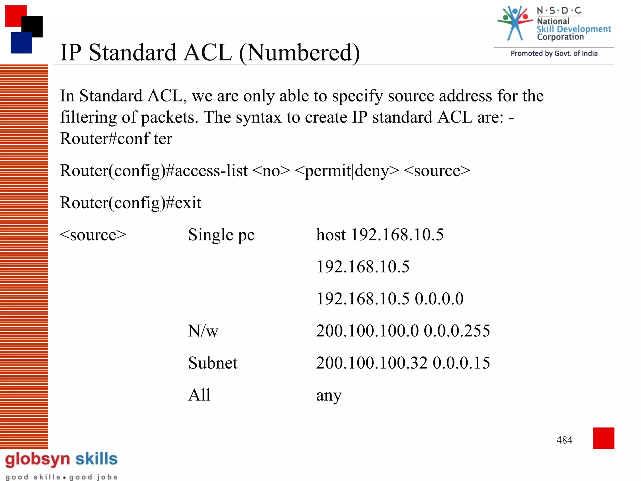 IP Standard ACL (Numbered)
In Standard ACL, we are only able to specify source address for the
filtering of packets. The syntax to create IP standard ACL are: Router#conf ter
Router(config)#access-list <no> <permit|deny> <source>
Router(config)#exit
<source>

Single pc

host 192.168.10.5
192.168.10.5
192.168.10.5 0.0.0.0

N/w

200.100.100.0 0.0.0.255

Subnet

200.100.100.32 0.0.0.15

All

any
484

 