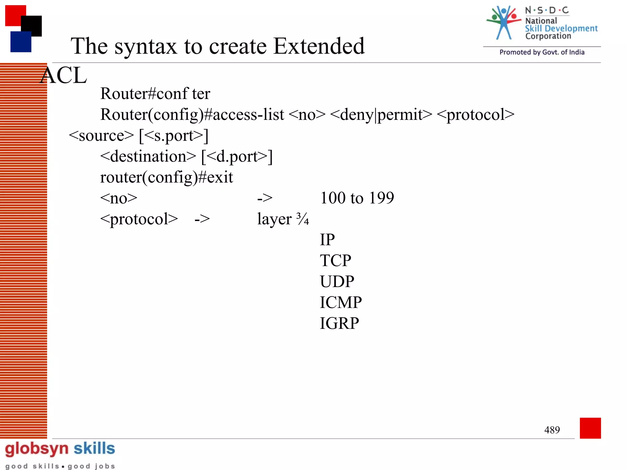 The syntax to create Extended
ACL

Router#conf ter
Router(config)#access-list <no> <deny|permit> <protocol>
<source> [<s.port>]
<destination> [<d.port>]
router(config)#exit
<no>
->
100 to 199
<protocol> ->
layer ¾
IP
TCP
UDP
ICMP
IGRP

489

 