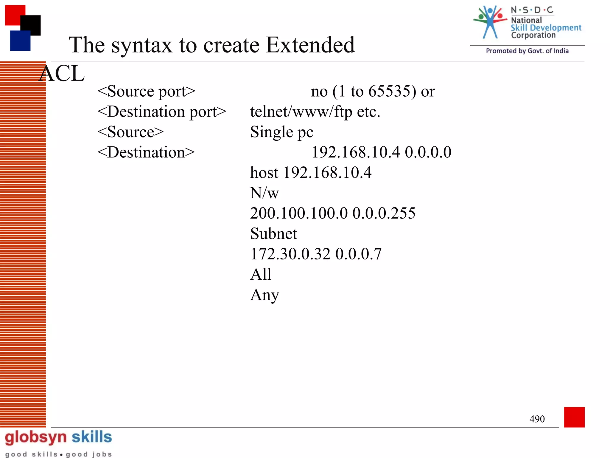 The syntax to create Extended
ACL
<Source port>
<Destination port>
<Source>
<Destination>

no (1 to 65535) or
telnet/www/ftp etc.
Single pc
192.168.10.4 0.0.0.0
host 192.168.10.4
N/w
200.100.100.0 0.0.0.255
Subnet
172.30.0.32 0.0.0.7
All
Any

490

 
