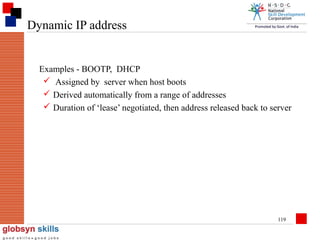 Dynamic IP address

Examples - BOOTP, DHCP
 Assigned by server when host boots
 Derived automatically from a range of addresses
 Duration of ‘lease’ negotiated, then address released back to server

119

 