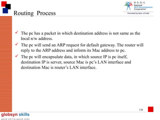 Routing Process
 The pc has a packet in which destination address is not same as the
local n/w address.
 The pc will send an ARP request for default gateway. The router will
reply to the ARP address and inform its Mac address to pc.
 The pc will encapsulate data, in which source IP is pc itself,
destination IP is server, source Mac is pc’s LAN interface and
destination Mac is router’s LAN interface.

138

 