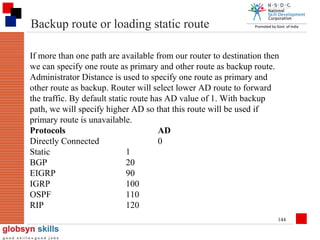 Backup route or loading static route
If more than one path are available from our router to destination then
we can specify one route as primary and other route as backup route.
Administrator Distance is used to specify one route as primary and
other route as backup. Router will select lower AD route to forward
the traffic. By default static route has AD value of 1. With backup
path, we will specify higher AD so that this route will be used if
primary route is unavailable.
Protocols
AD
Directly Connected
0
Static
1
BGP
20
EIGRP
90
IGRP
100
OSPF
110
RIP
120
144

 