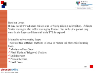 Routing Loops
It may occur b/w adjacent routers due to wrong routing information. Distance
Vector routing is also called routing by Rumor. Due to this the packet may
enter in the loop condition until their TTL is expired.
Method to solve routing loops
There are five different methods to solve or reduce the problem of routing
loop.
Maximum Hop Count
Flash Updates/Triggered Updates
Split Horizon
Poison Reverse
Hold Down
155

 