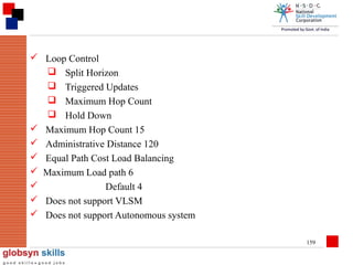  Loop Control
 Split Horizon
 Triggered Updates
 Maximum Hop Count
 Hold Down
 Maximum Hop Count 15
 Administrative Distance 120
 Equal Path Cost Load Balancing
 Maximum Load path 6

Default 4
 Does not support VLSM
 Does not support Autonomous system
159

 