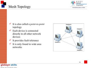 Mesh Topology

 It is also called a point-to-point
topology
 Each device is connected
directly to all other network
devices
 It provides fault tolerance
 It is only found in wide area
networks

16

 