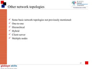 Other network topologies








Some basic network topologies not previously mentioned:
One-to-one
Hierarchical
Hybrid
Client-server
Multiple nodes

17

 