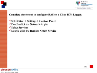 Complete these steps to configure RAS on a Cisco ICM Logger.
Select Start > Settings > Control Panel
Double-click the Network Applet
Select Services
Double-click the Remote Access Service

196

 
