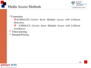 Media Access Methods
Contention.
-(CSMA/CD Carrier Sense Multiple Access with Collision
Detection,
 -CSMA/CA Carrier Sense Multiple Access with Collision
Avoidance)
 Token passing.
 Demand Priority.

200

 