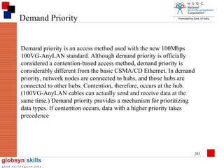Demand Priority

Demand priority is an access method used with the new 100Mbps
100VG-AnyLAN standard. Although demand priority is officially
considered a contention-based access method, demand priority is
considerably different from the basic CSMA/CD Ethernet. In demand
priority, network nodes are connected to hubs, and those hubs are
connected to other hubs. Contention, therefore, occurs at the hub.
(100VG-AnyLAN cables can actually send and receive data at the
same time.) Demand priority provides a mechanism for prioritizing
data types. If contention occurs, data with a higher priority takes
precedence

203

 