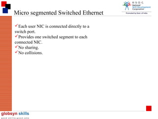 Micro segmented Switched Ethernet
Each user NIC is connected directly to a
switch port.
Provides one switched segment to each
connected NIC.
No sharing.
No collisions.

 
