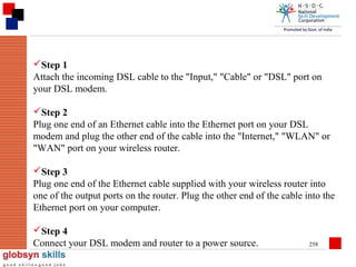 Step 1
Attach the incoming DSL cable to the "Input," "Cable" or "DSL" port on
your DSL modem.
Step 2
Plug one end of an Ethernet cable into the Ethernet port on your DSL
modem and plug the other end of the cable into the "Internet," "WLAN" or
"WAN" port on your wireless router.
Step 3
Plug one end of the Ethernet cable supplied with your wireless router into
one of the output ports on the router. Plug the other end of the cable into the
Ethernet port on your computer.
Step 4
Connect your DSL modem and router to a power source.

258

 