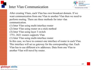 Inter Vlan Communication
After creating Vlans, each Vlan has own broadcast domain. If we
want communication from one Vlan to another Vlan then we need to
perform routing. There are three methods for inter vlan
communication.
(1) Inter Vlan using multi-interface router
(2) Inter Vlan using router on a stick method
(3) Inter Vlan using layer 3 switch
1751, 2621 routers supports Vlan
(1) Inter Vlan using multi-interface router
In this case, we have to connect one interface of router in each Vlan.
This interface will act as gateway for the corresponding vlan. Each
Vlan has to use different n/w addresses. Data from one Vlan to
another Vlan will travel by router.

297

 