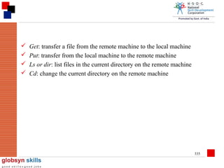 




Get: transfer a file from the remote machine to the local machine
Put: transfer from the local machine to the remote machine
Ls or dir: list files in the current directory on the remote machine
Cd: change the current directory on the remote machine

335

 