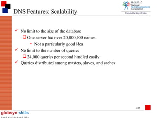 DNS Features: Scalability
 No limit to the size of the database
 One server has over 20,000,000 names
• Not a particularly good idea
 No limit to the number of queries
 24,000 queries per second handled easily
 Queries distributed among masters, slaves, and caches

433

 