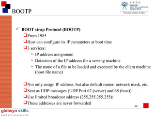 BOOTP
 BOOT strap Protocol (BOOTP)
From 1985
Host can configure its IP parameters at boot time
3 services:
• IP address assignment
• Detection of the IP address for a serving machine
• The name of a file to be loaded and executed by the client machine
(boot file name)
Not only assign IP address, but also default router, network mask, etc.
Sent as UDP messages (UDP Port 67 (server) and 68 (host))
Use limited broadcast address (255.255.255.255):
These addresses are never forwarded
441

 
