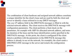 The combination of client hardware and assigned network address constitute
a unique identifier for the client's lease and are used by both the client and
server to identify a lease referred to in any DHCP messages.
The your IP address field in the DHCPACK messages is filled in with the
selected network address. The client receives the DHCPACK message with
configuration parameters. The client performs a final check on the
parameters, for example with ARP for allocated network address, and notes
the duration of the lease and the lease identification cookie specified in the
DHCPACK message. At this point, the client is configured.If the client
detects a problem with the parameters in the DHCPACK message (the
address is already in use on the network, for example), the client sends a
DHCPDECLINE message to the server and restarts the configuration
process.
455

 