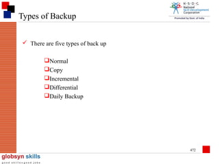 Types of Backup
 There are five types of back up
Normal
Copy
Incremental
Differential
Daily Backup

472

 