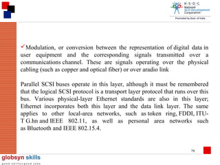 Modulation, or conversion between the representation of digital data in
user equipment and the corresponding signals transmitted over a
communications channel. These are signals operating over the physical
cabling (such as copper and optical fiber) or over aradio link
Parallel SCSI buses operate in this layer, although it must be remembered
that the logical SCSI protocol is a transport layer protocol that runs over this
bus. Various physical-layer Ethernet standards are also in this layer;
Ethernet incorporates both this layer and the data link layer. The same
applies to other local-area networks, such as token ring, FDDI, ITUT G.hn and IEEE 802.11, as well as personal area networks such
as Bluetooth and IEEE 802.15.4.

79

 