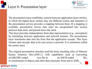 Layer 6: Presentation layer
The presentation layer establishes context between application-layer entities,
in which the higher-layer entities may use different syntax and semantics if
the presentation service provides a mapping between them. If a mapping is
available, presentation service data units are encapsulated into session
protocol data units, and passed down the stack.
This layer provides independence from data representation (e.g., encryption)
by translating between application and network formats. The presentation
layer transforms data into the form that the application accepts. This layer
formats and encrypts data to be sent across a network. It is sometimes called
the syntax layer.
The original presentation structure used the basic encoding rules of Abstract
Syntax Notation One (ASN.1), with capabilities such as converting
an EBCDIC-coded
text file to
an ASCII-coded
file,
or serialization of objects and other data structures from and to XML.
88

 