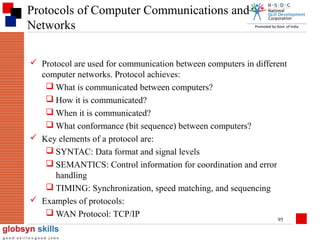 Protocols of Computer Communications and
Networks
 Protocol are used for communication between computers in different
computer networks. Protocol achieves:
 What is communicated between computers?
 How it is communicated?
 When it is communicated?
 What conformance (bit sequence) between computers?
 Key elements of a protocol are:
 SYNTAC: Data format and signal levels
 SEMANTICS: Control information for coordination and error
handling
 TIMING: Synchronization, speed matching, and sequencing
 Examples of protocols:
 WAN Protocol: TCP/IP
95

 